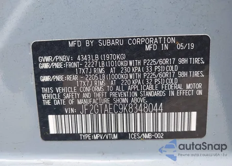 2019 Subaru Crosstrek 2.0I Premium from USA, damaged, VIN JF2GTAEC9K8348044